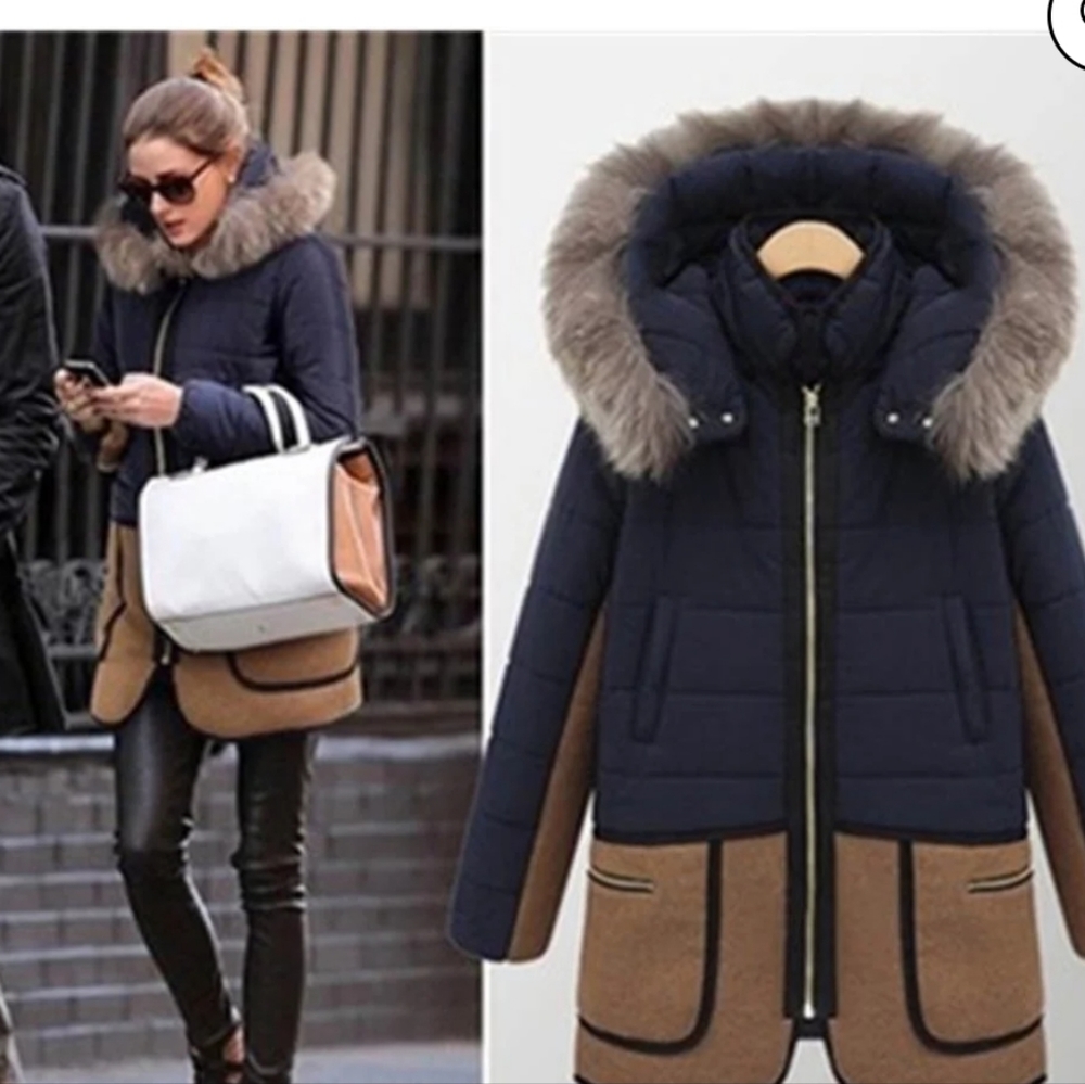 Blue Faux Fur Hooded Wool Jacket Coat Zipper Pockets